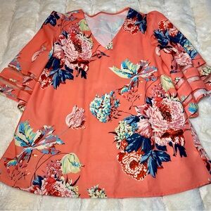 Floral V-Neck Blouse Orange size L